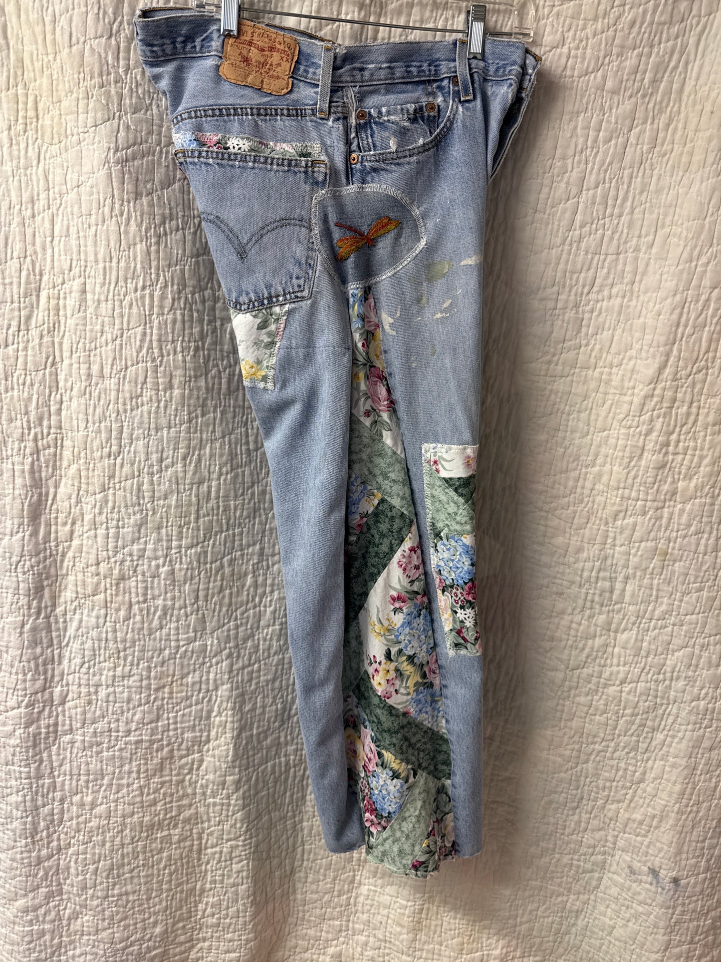 "Flight Paths & Paint Drops” Quilt Top Panel Jeans – Waist 34" x Inseam 30"