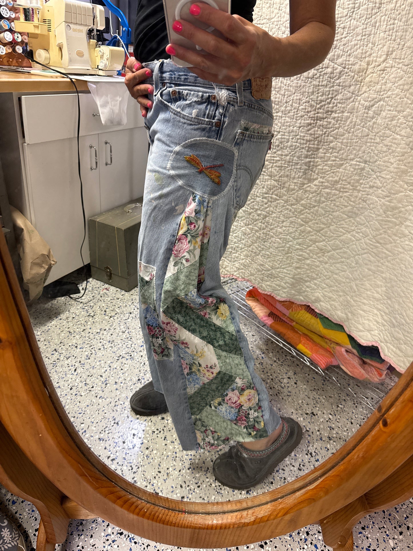 "Flight Paths & Paint Drops” Quilt Top Panel Jeans – Waist 34" x Inseam 30"