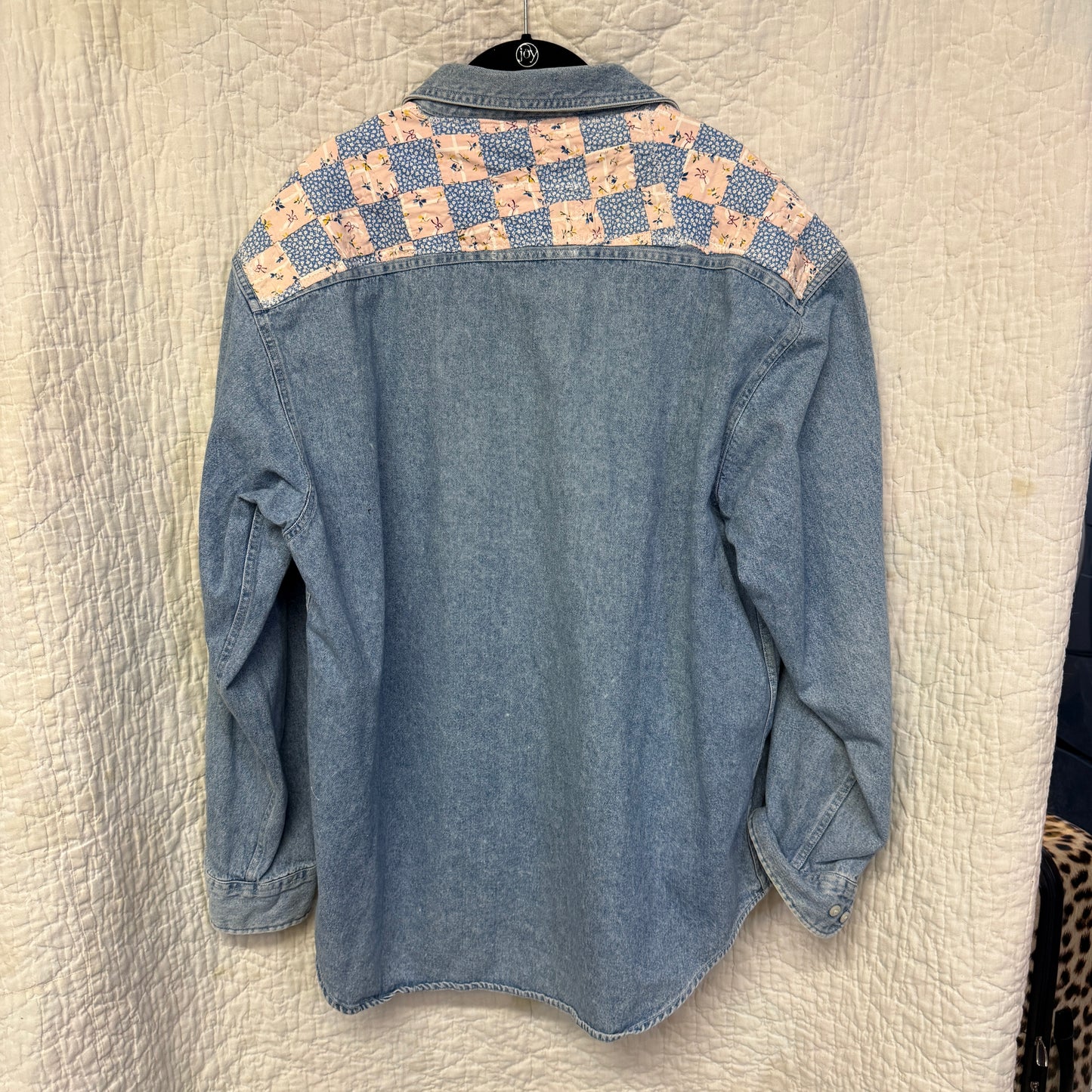 “Blue Bloom Rodeo” Upcycled Denim Shirt – One Size