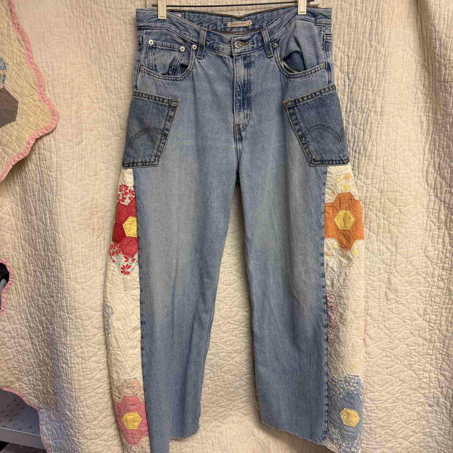 "Honey Bloom" Quilt Panel Jeans – Waist 34" Inseam 28"