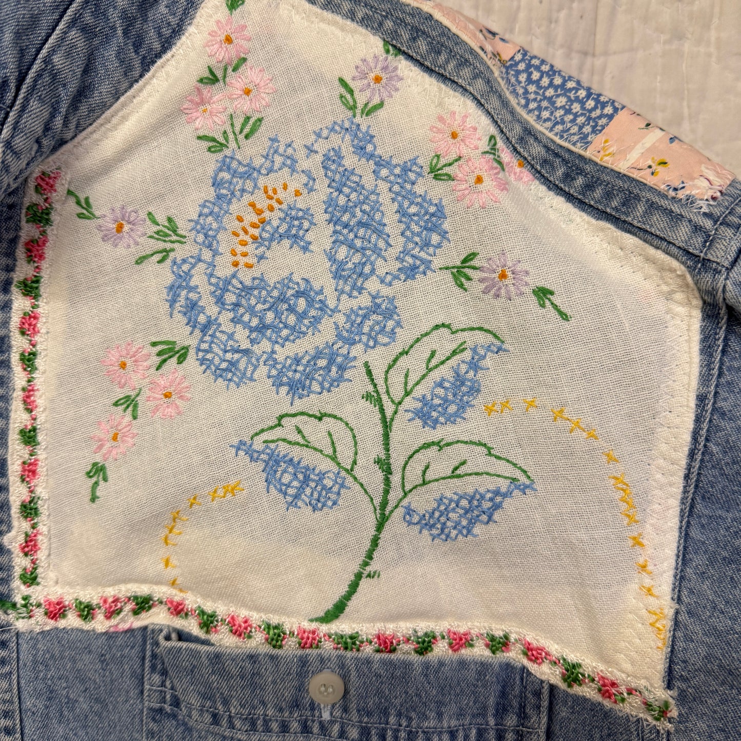 “Blue Bloom Rodeo” Upcycled Denim Shirt – One Size