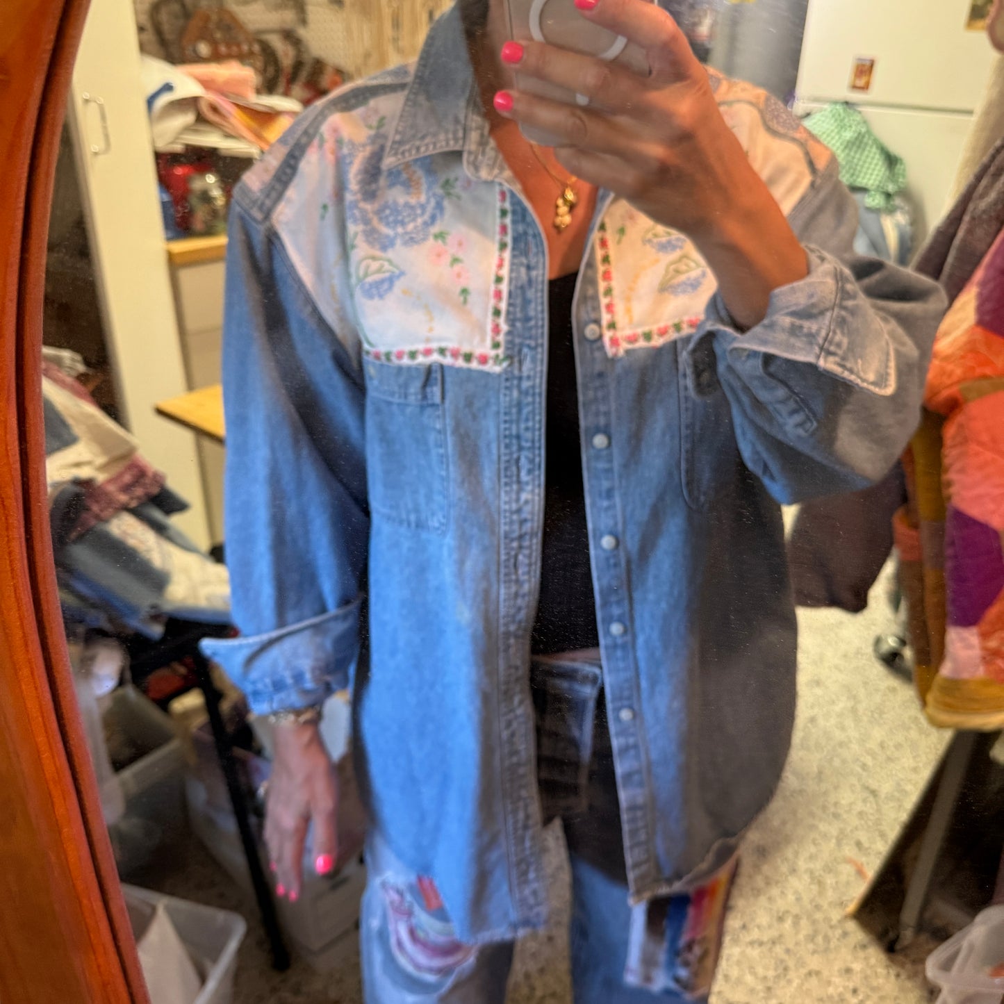 “Blue Bloom Rodeo” Upcycled Denim Shirt – One Size