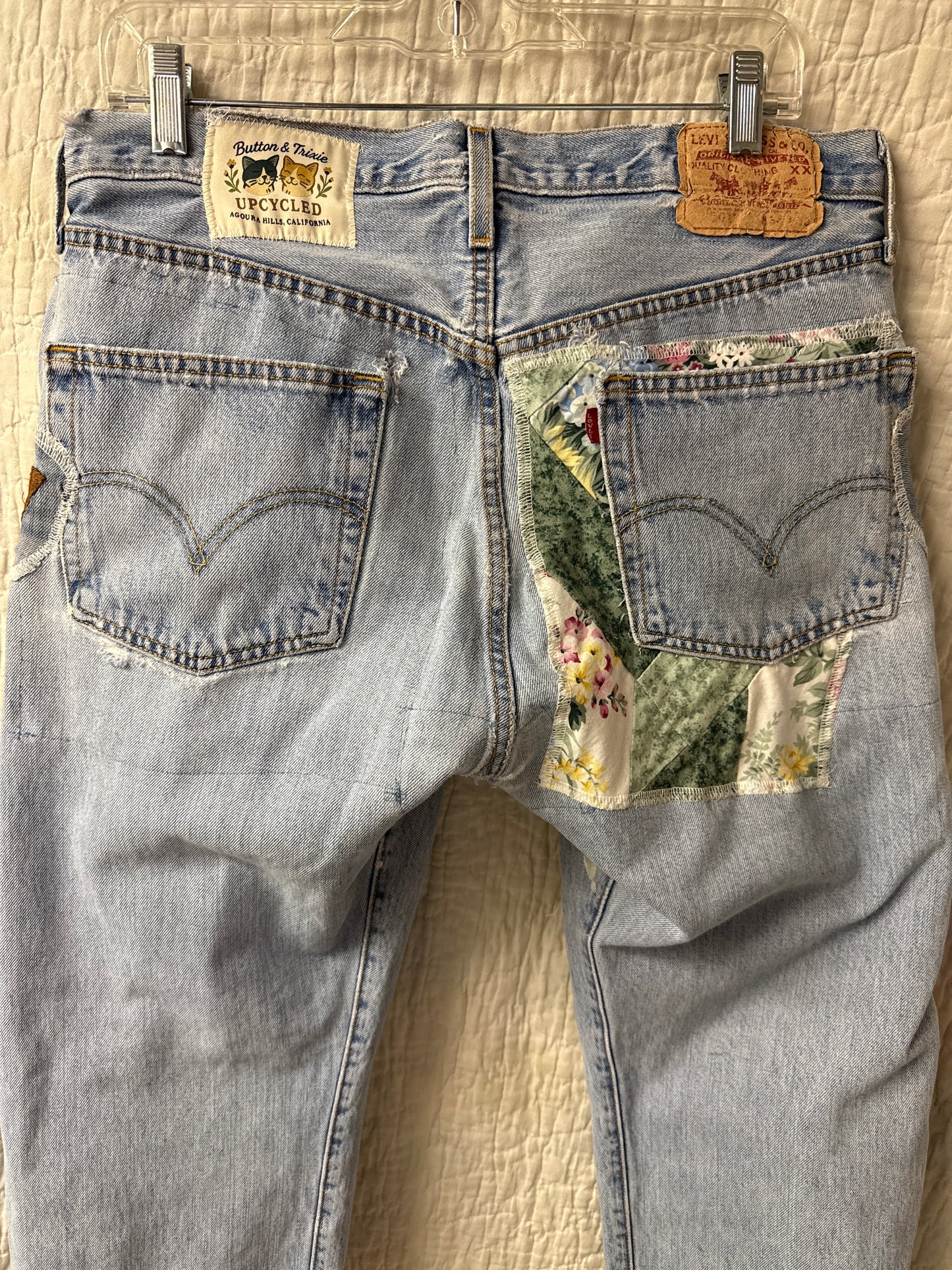 "Flight Paths & Paint Drops” Quilt Top Panel Jeans – Waist 34" x Inseam 30"