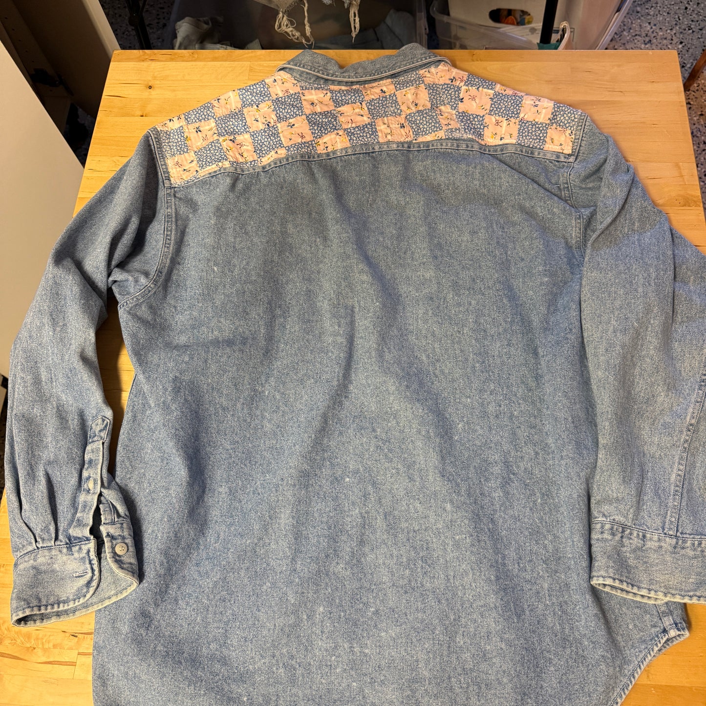 “Blue Bloom Rodeo” Upcycled Denim Shirt – One Size
