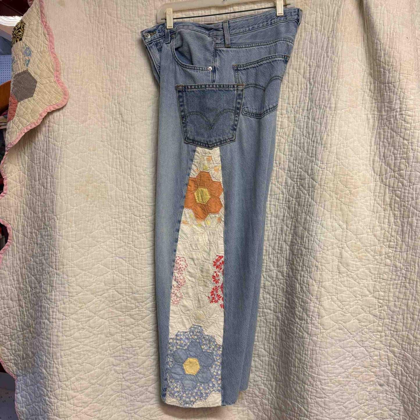 "Honey Bloom" Quilt Panel Jeans – Waist 34" Inseam 28"