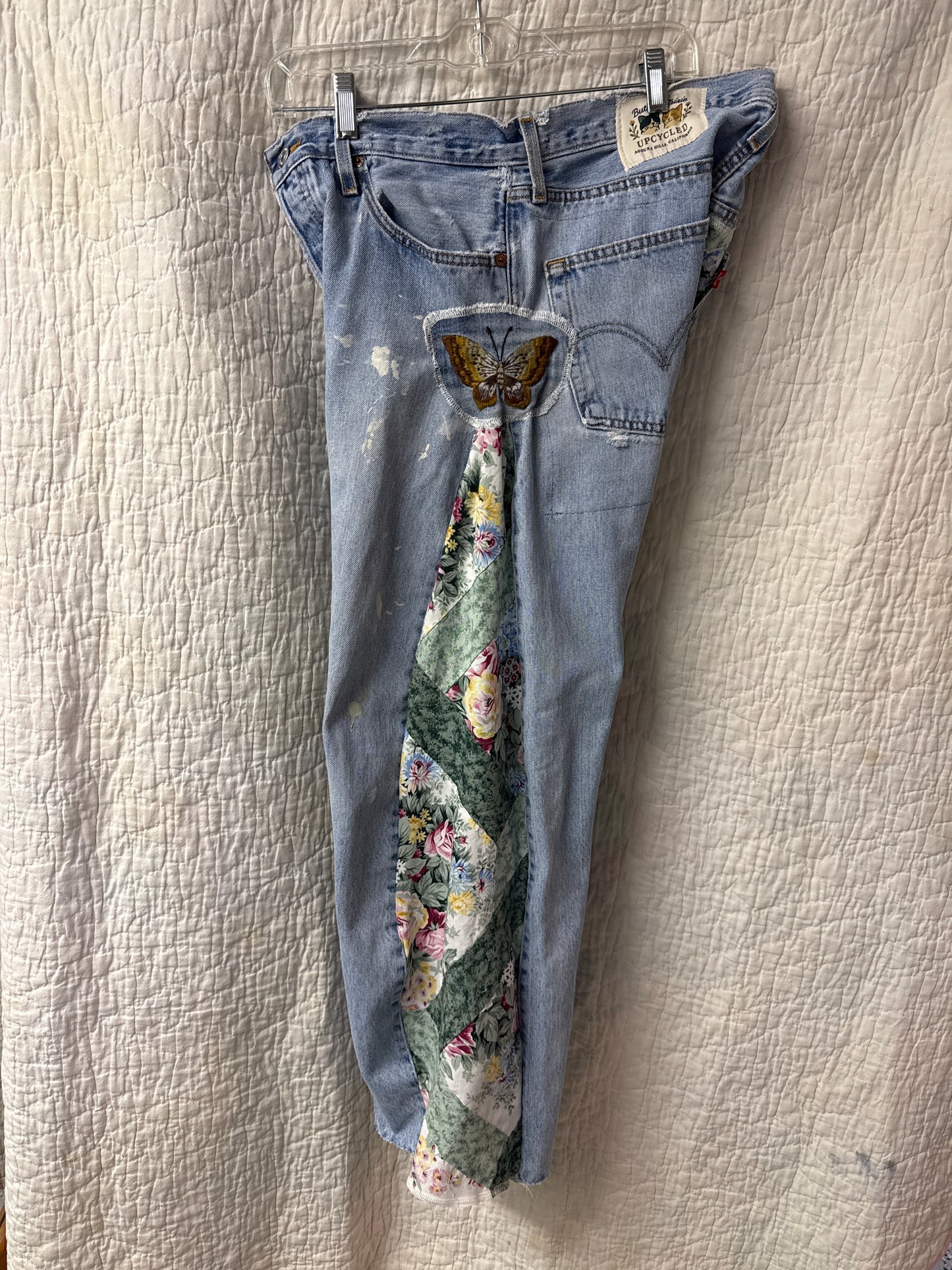 "Flight Paths & Paint Drops” Quilt Top Panel Jeans – Waist 34" x Inseam 30"