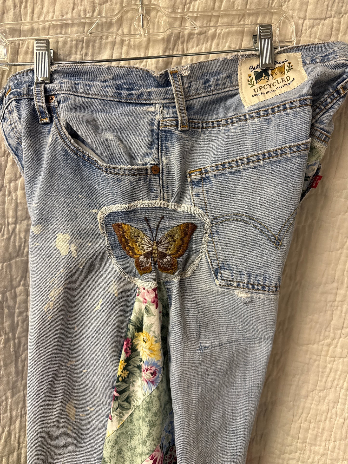 "Flight Paths & Paint Drops” Quilt Top Panel Jeans – Waist 34" x Inseam 30"