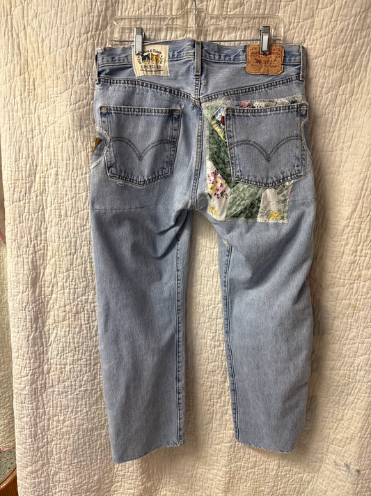 "Flight Paths & Paint Drops” Quilt Top Panel Jeans – Waist 34" x Inseam 30"