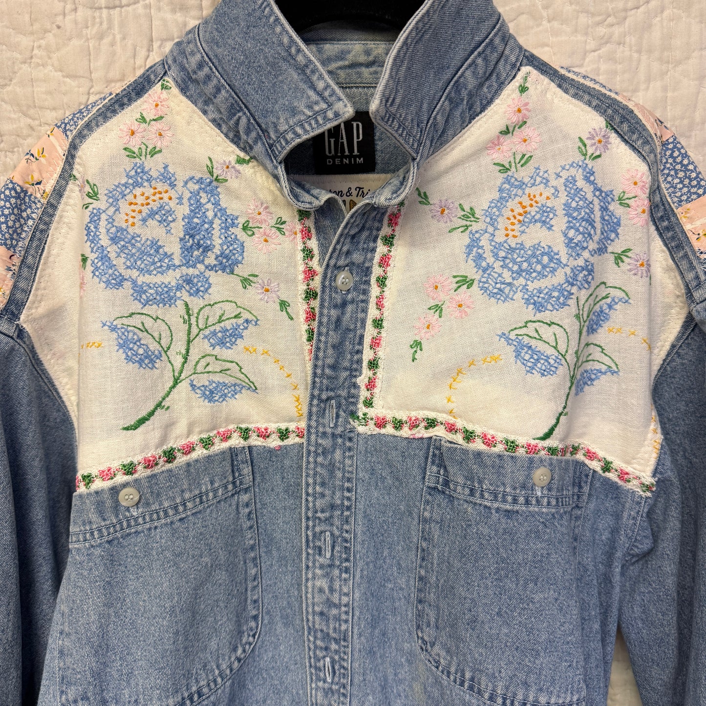 “Blue Bloom Rodeo” Upcycled Denim Shirt – One Size
