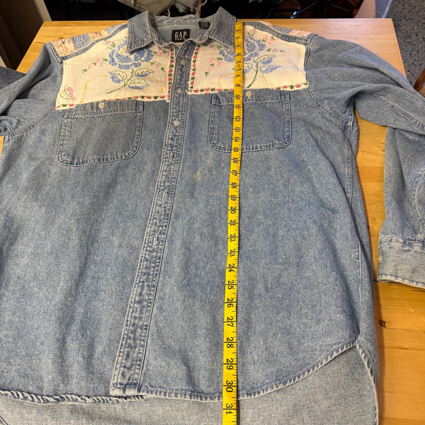 “Blue Bloom Rodeo” Upcycled Denim Shirt – One Size