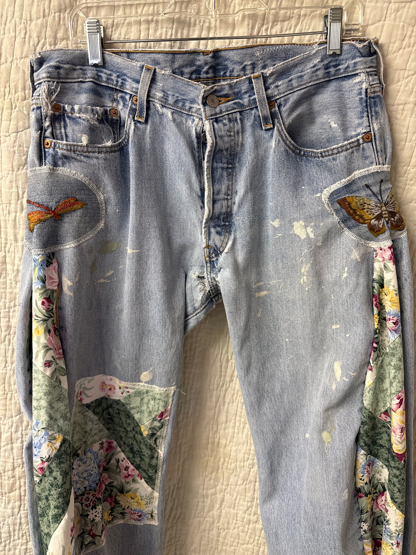 "Flight Paths & Paint Drops” Quilt Top Panel Jeans – Waist 34" x Inseam 30"