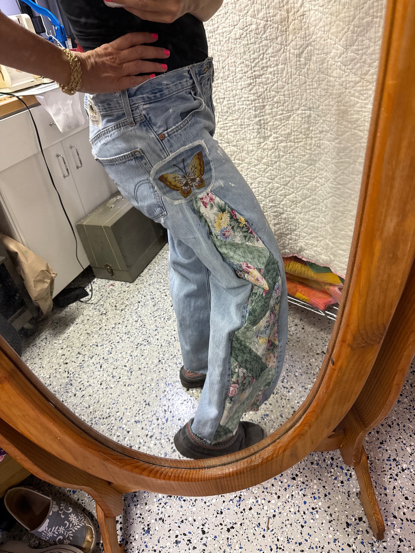"Flight Paths & Paint Drops” Quilt Top Panel Jeans – Waist 34" x Inseam 30"
