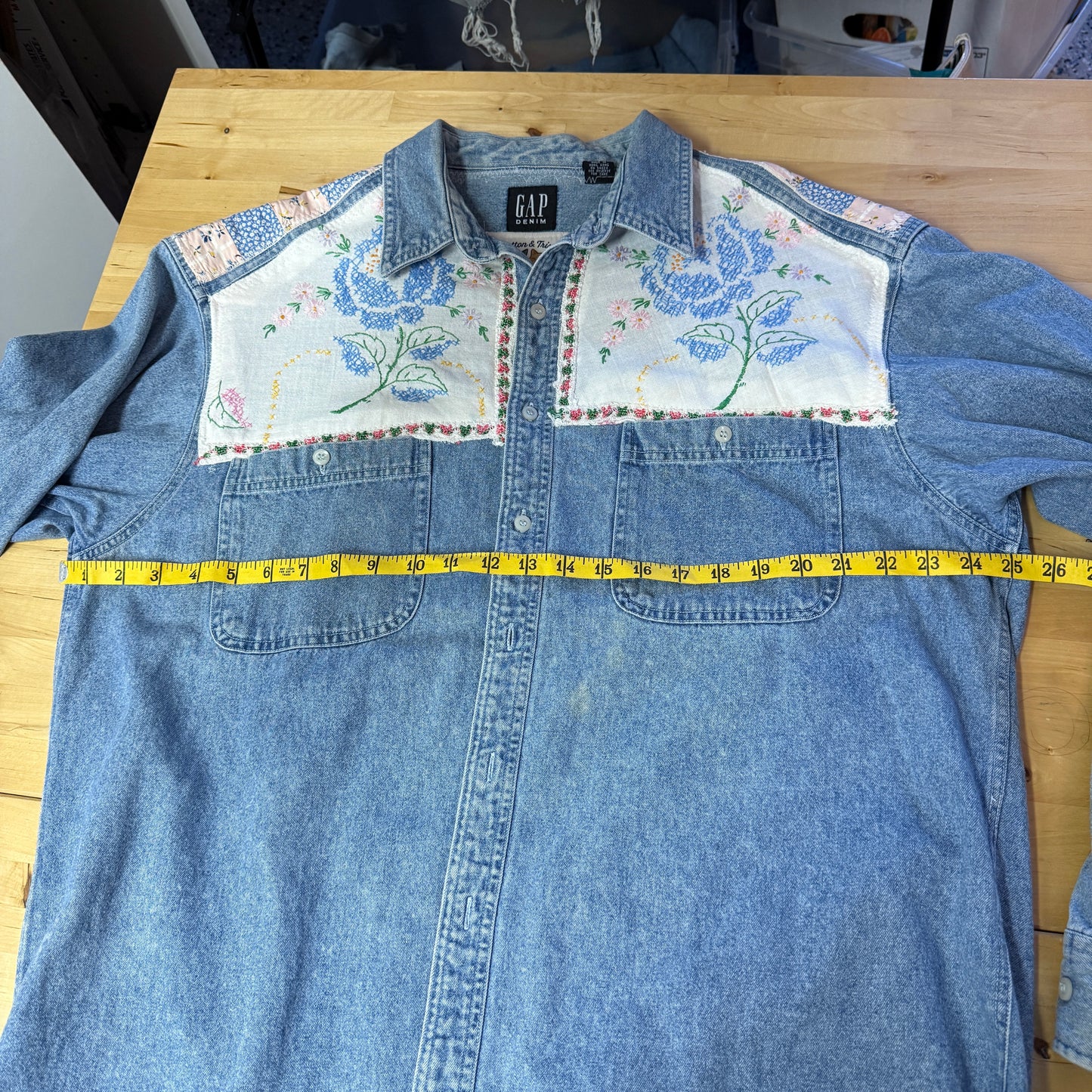 “Blue Bloom Rodeo” Upcycled Denim Shirt – One Size