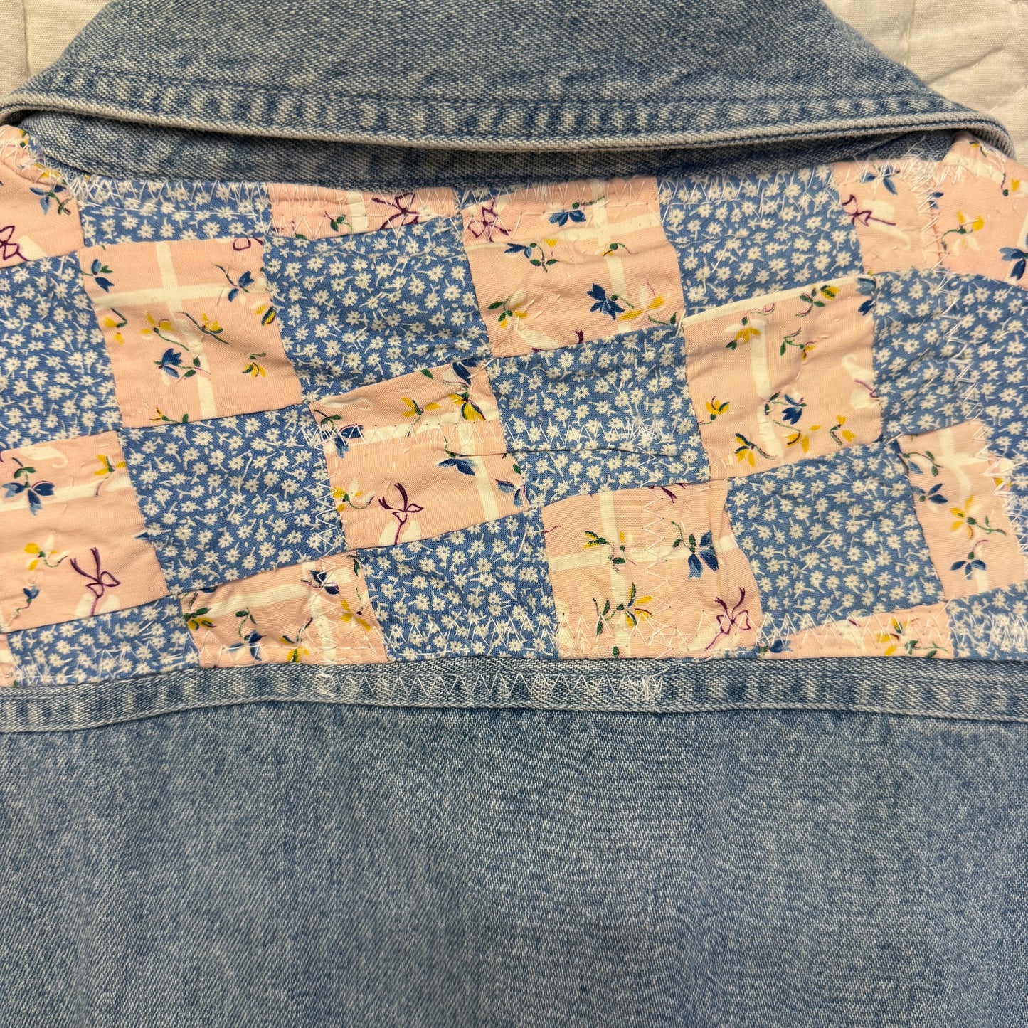 “Blue Bloom Rodeo” Upcycled Denim Shirt – One Size