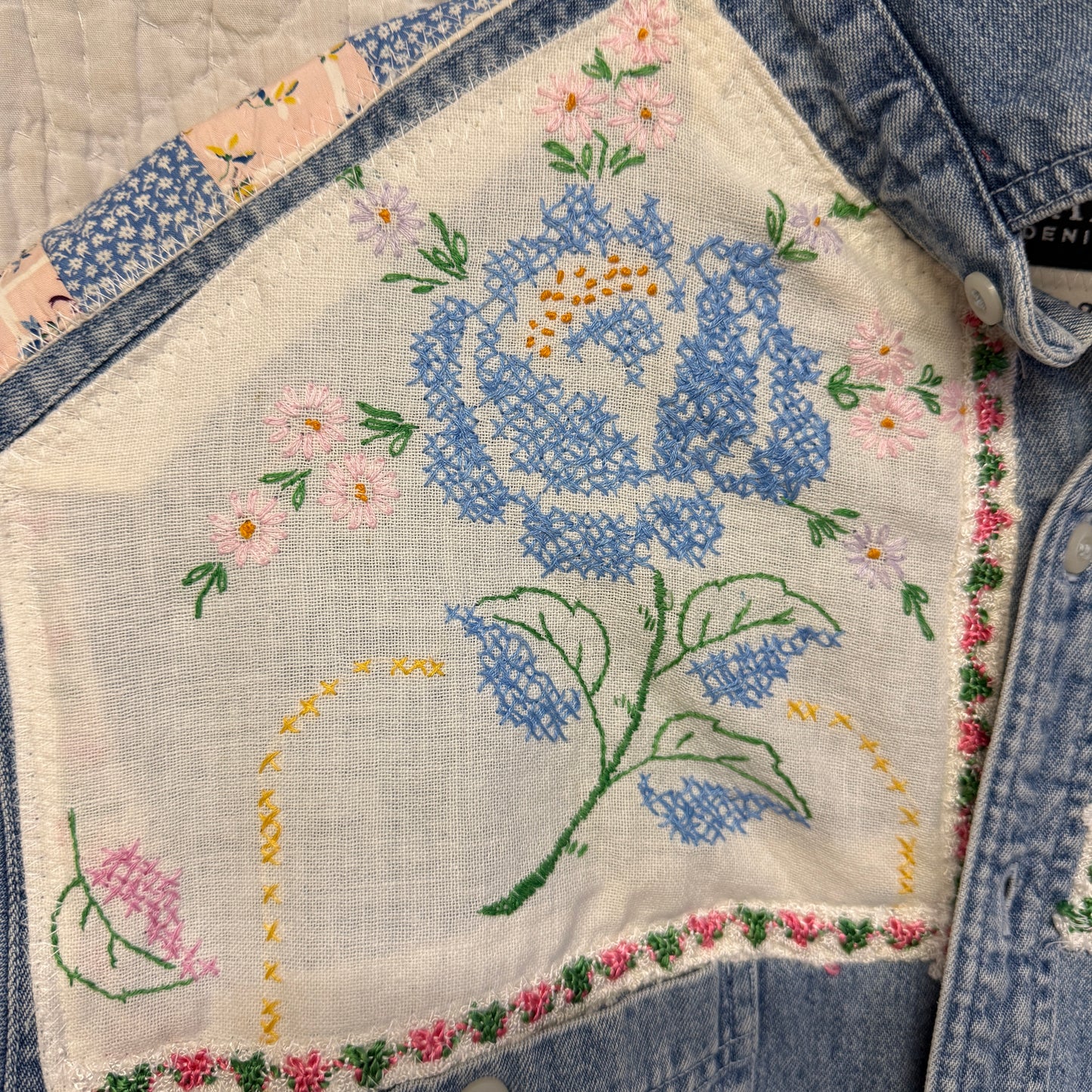 “Blue Bloom Rodeo” Upcycled Denim Shirt – One Size