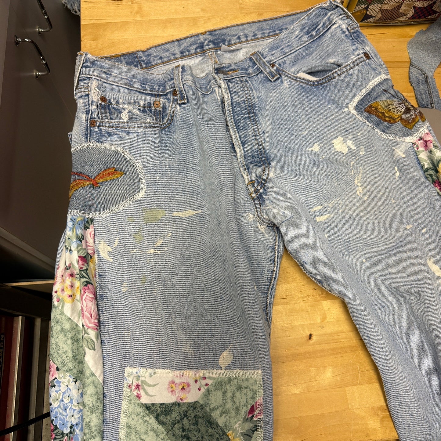 "Flight Paths & Paint Drops” Quilt Top Panel Jeans – Waist 34" x Inseam 30"