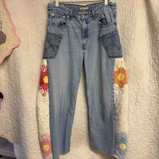 "Honey Bloom" Quilt Panel Jeans – Waist 34" Inseam 28"