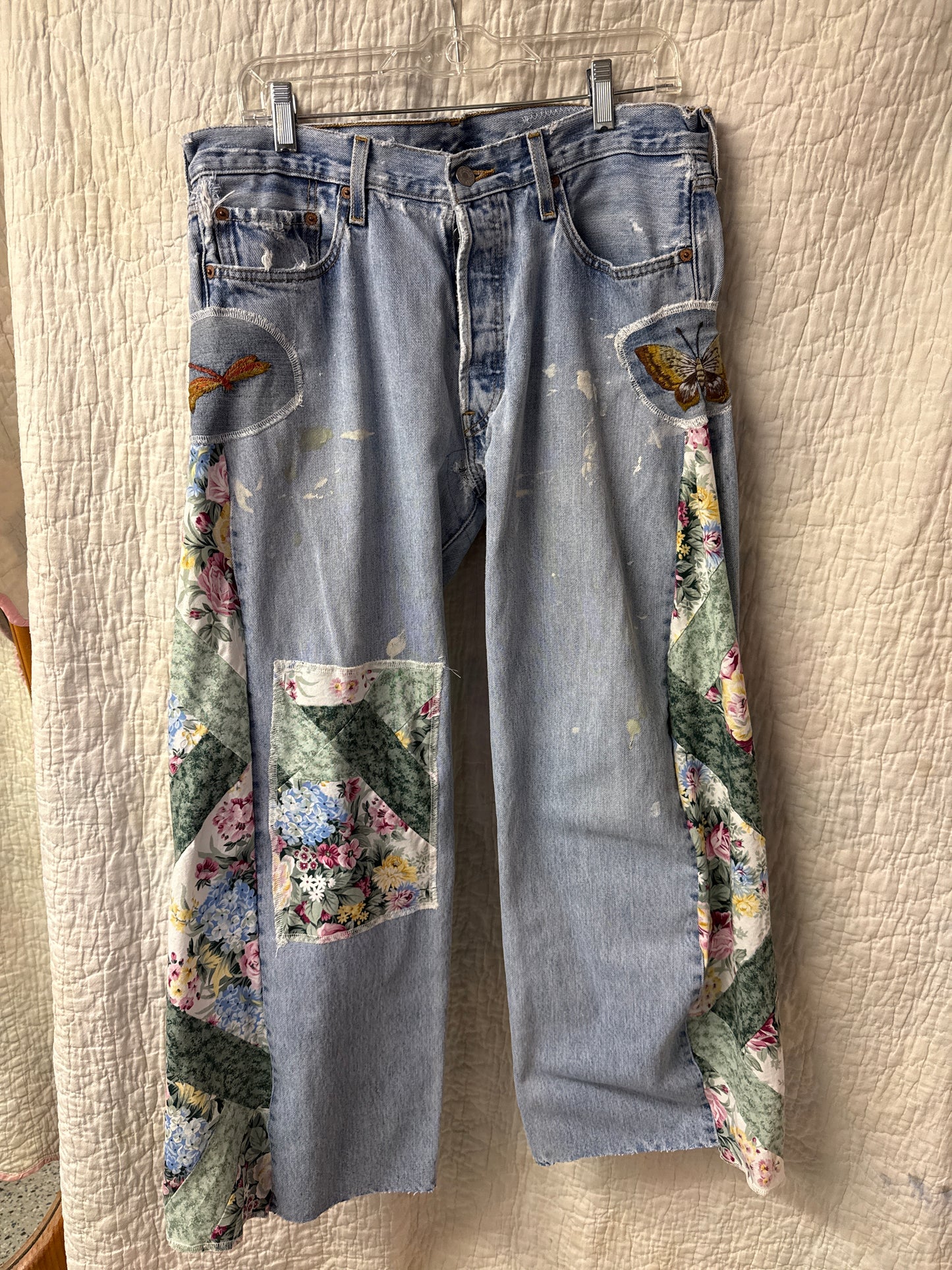 "Flight Paths & Paint Drops” Quilt Top Panel Jeans – Waist 34" x Inseam 30"