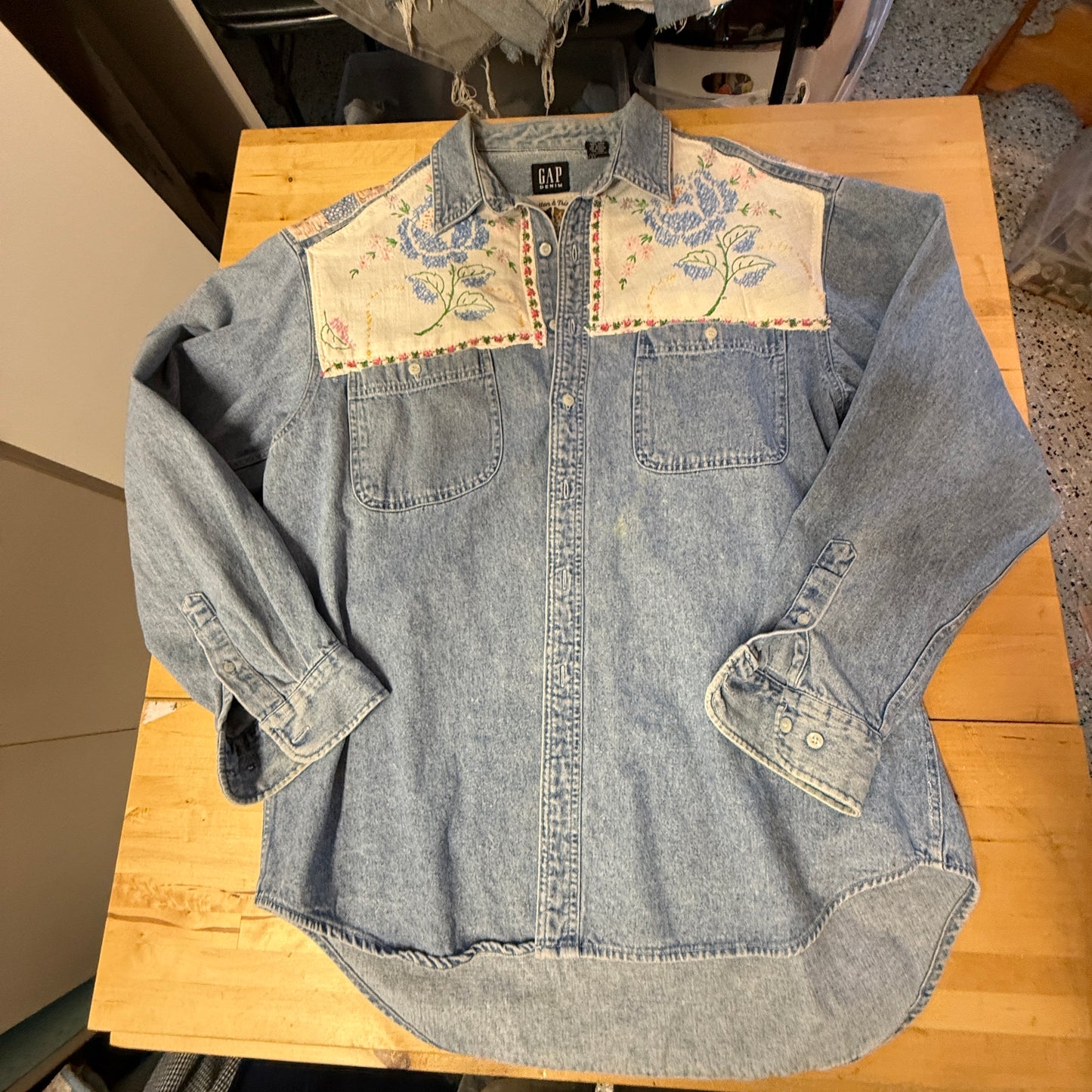 “Blue Bloom Rodeo” Upcycled Denim Shirt – One Size