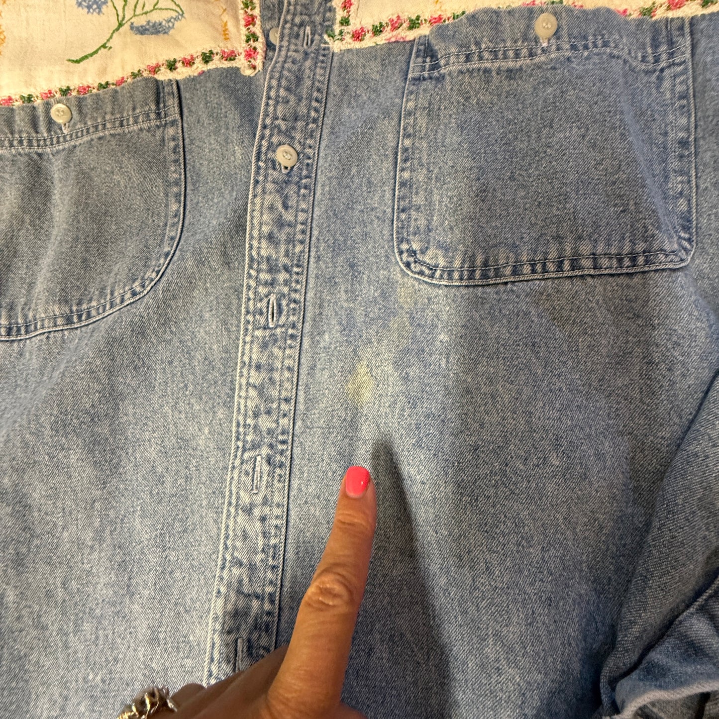 “Blue Bloom Rodeo” Upcycled Denim Shirt – One Size