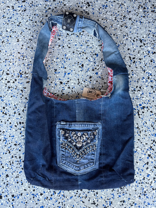 Upcycled Miss Me Denim Hobo Bag
