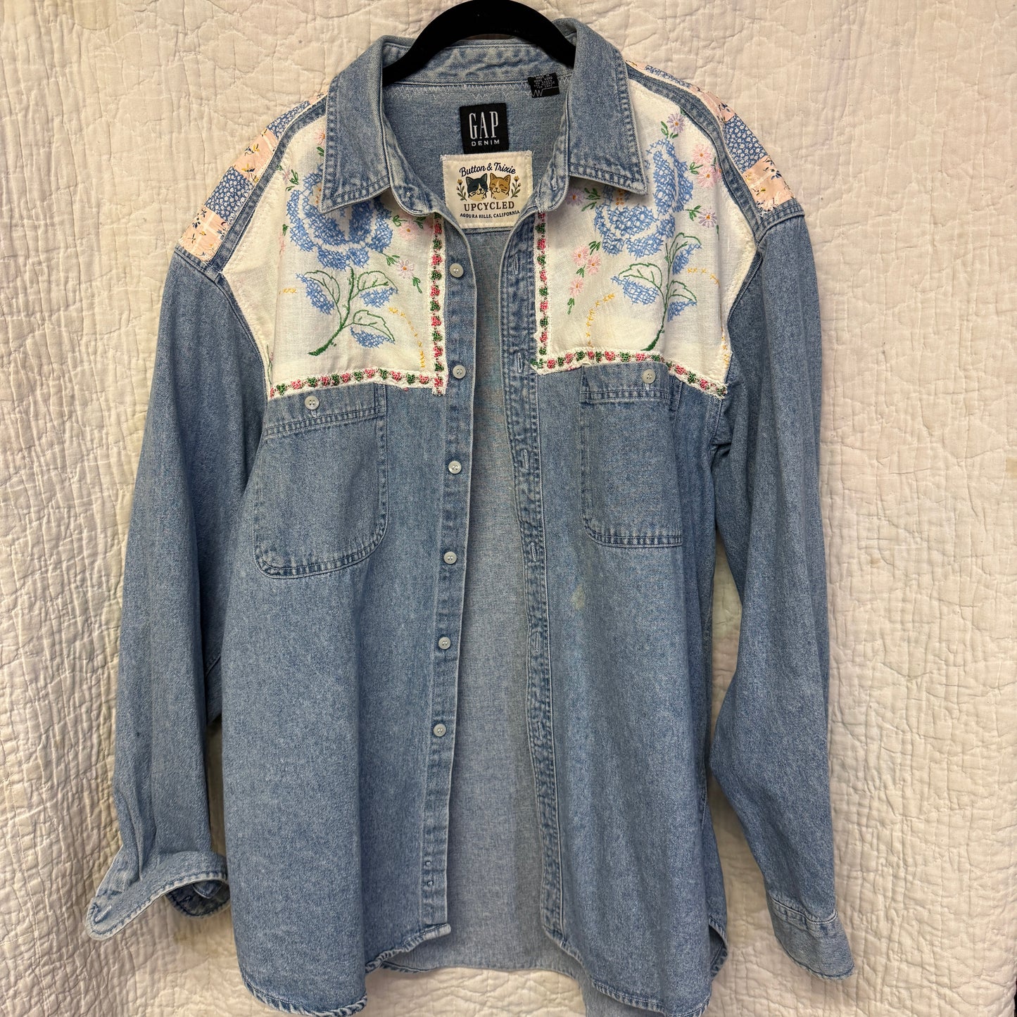 “Blue Bloom Rodeo” Upcycled Denim Shirt – One Size
