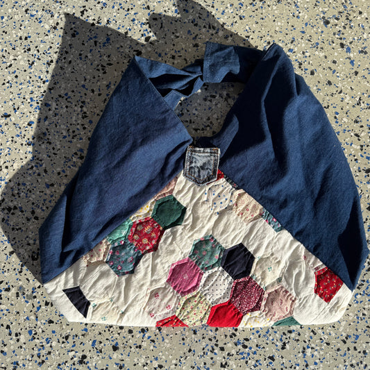 Upcycled Quilt & Denim Button Closure Origami Bag